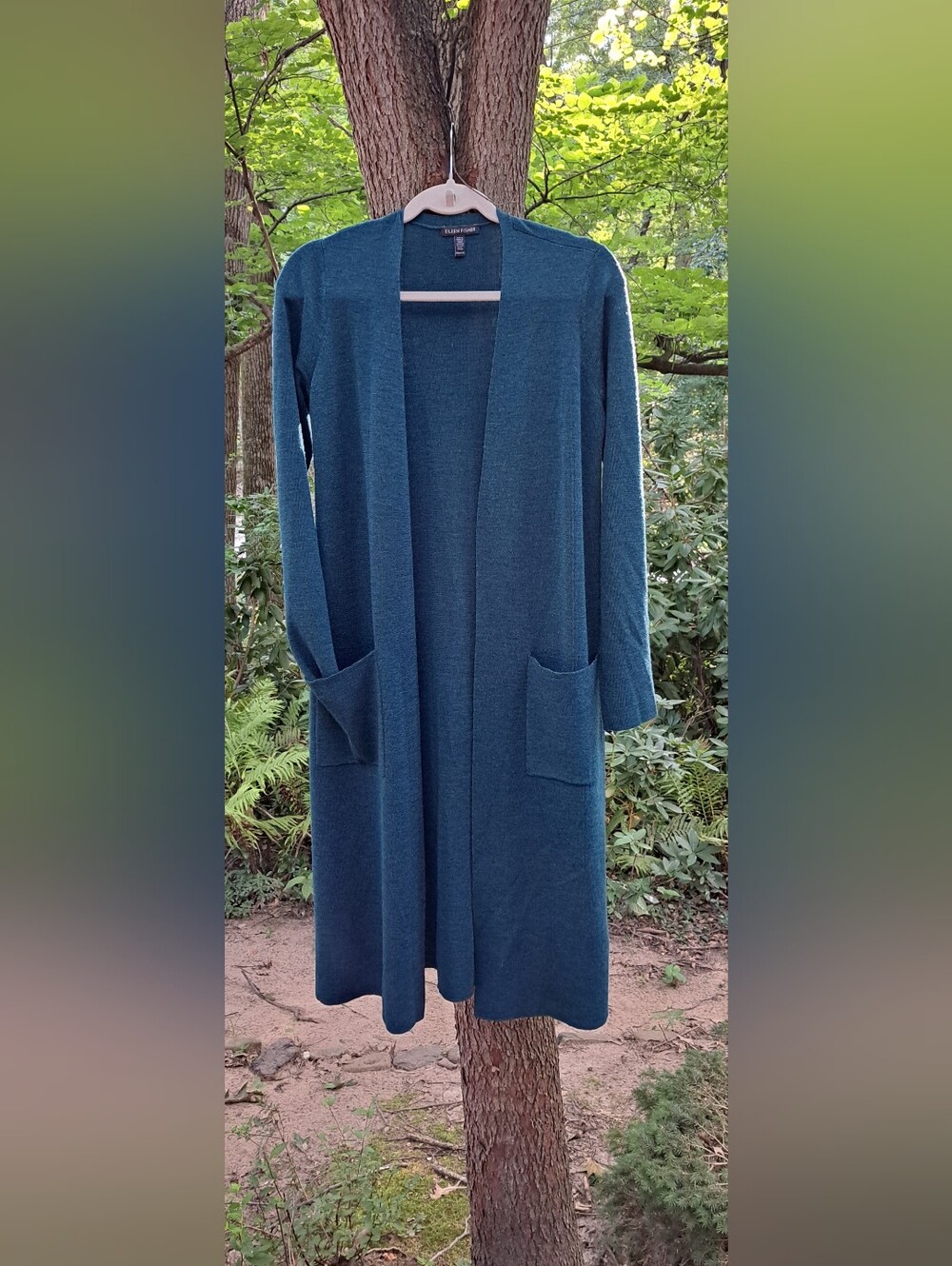 Eileen Fisher Long Open-Front Cardigan in Teal Blue-Green